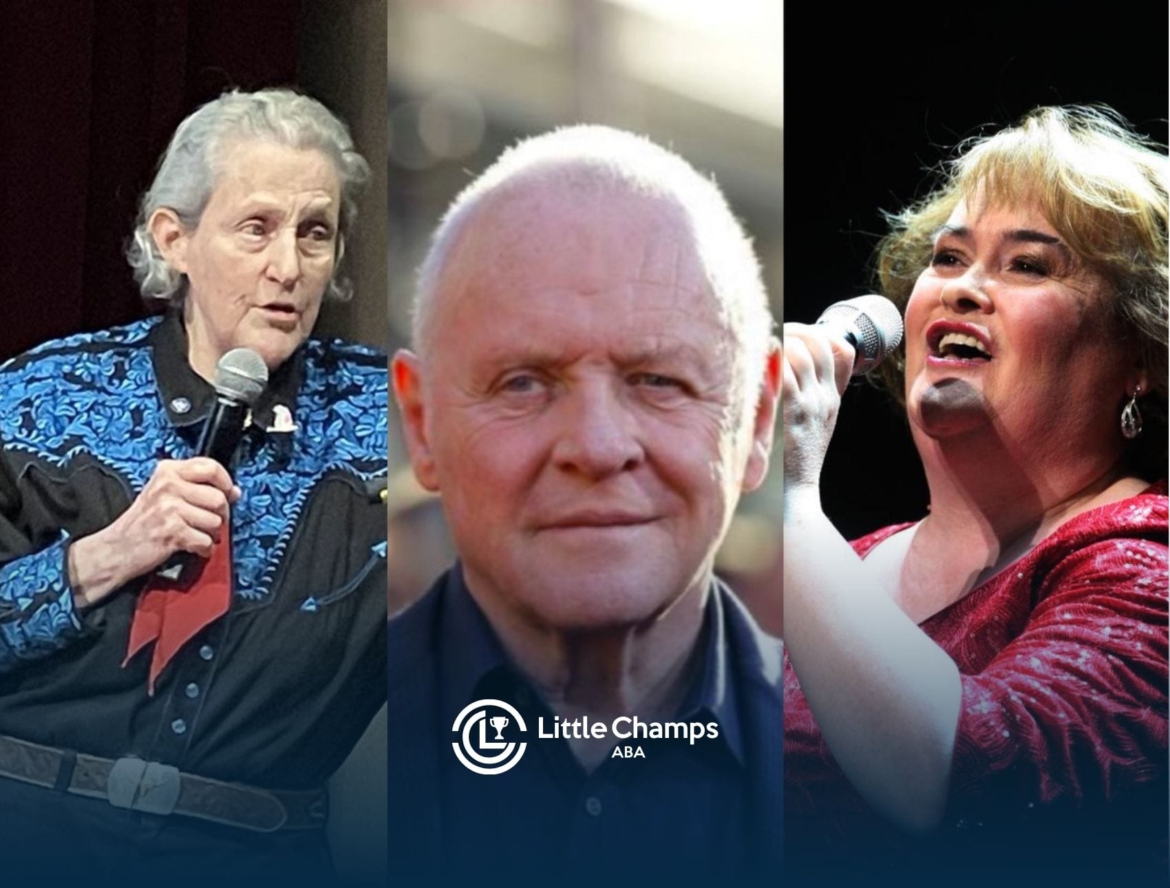 Famous autistic individuals, Temple Grandin, Anthony Hopkins & Susan Boyle side by side in a collage